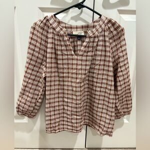 Brown and White Plaid Peasant Blouse with 3/4 Sleeves